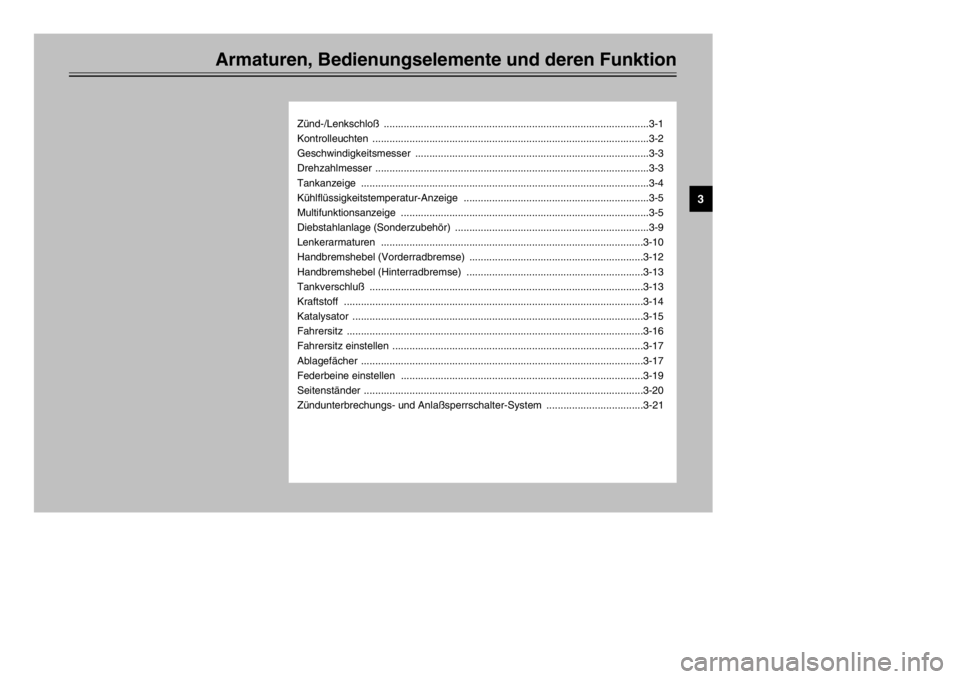 YAMAHA MAJESTY 250 2002  Betriebsanleitungen (in German) Armaturen, Bedienungselemente und deren Funktion
Zünd-/Lenkschloß .............................................................................................3-1
Kontrolleuchten ...................