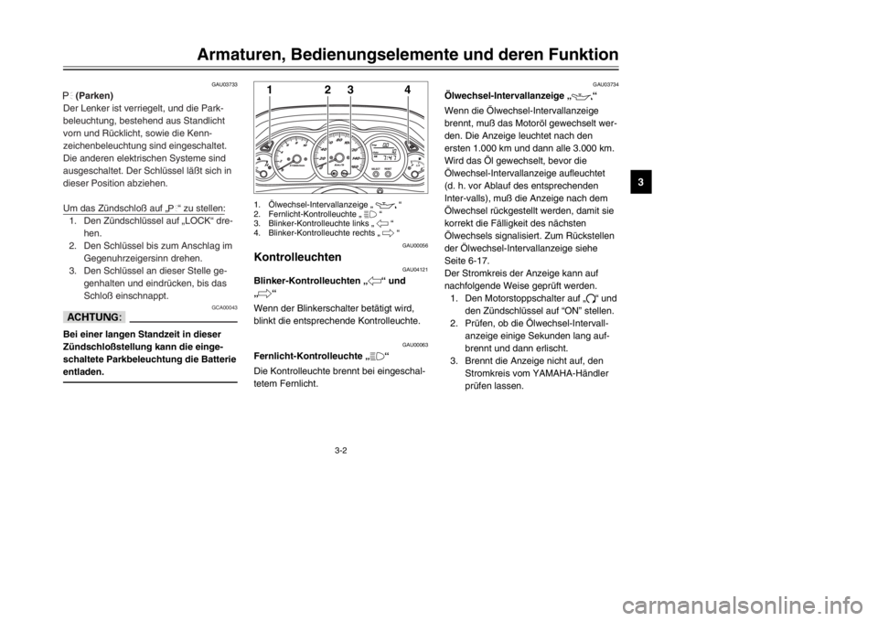 YAMAHA MAJESTY 250 2002  Betriebsanleitungen (in German) 3-2
Armaturen, Bedienungselemente und deren Funktion
3
GAU03733
.
(Parken)
Der Lenker ist verriegelt, und die Park-
beleuchtung, bestehend aus Standlicht
vorn und Rücklicht, sowie die Kenn-
zeichenbe