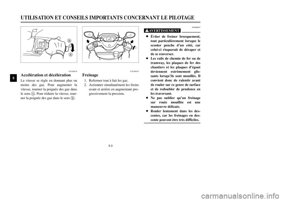 YAMAHA MAJESTY 250 2002  Notices Demploi (in French) 5-3
UTILISATION ET CONSEILS IMPORTANTS CONCERNANT LE PILOTAGE
5
FAU00434
Accélération et décélérationAccélération et décélérationLa vitesse se règle en donnant plus ou
moins des gaz. Pour a