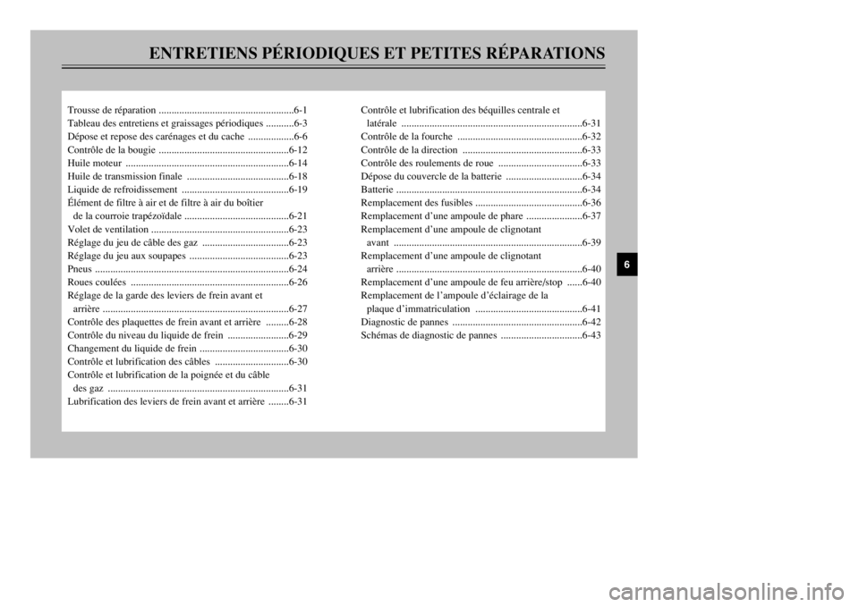 YAMAHA MAJESTY 250 2002  Notices Demploi (in French) ENTRETIENS PÉRIODIQUES ET PETITES RÉPARATIONS
Trousse de réparation .....................................................6-1
Tableau des entretiens et graissages périodiques ...........6-3
Dépose