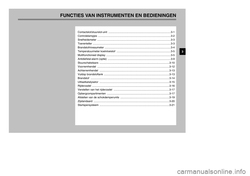 YAMAHA MAJESTY 250 2002 Instructieboekje (in Dutch) FUNCTIES VAN INSTRUMENTEN EN BEDIENINGEN
Contactslot/stuurslot-unit ....................................................................................3-1
Controlelampjes ............................ YAMAHA MAJESTY 250 2002 Instructieboekje (in Dutch) FUNCTIES VAN INSTRUMENTEN EN BEDIENINGEN
Contactslot/stuurslot-unit ....................................................................................3-1
Controlelampjes ............................