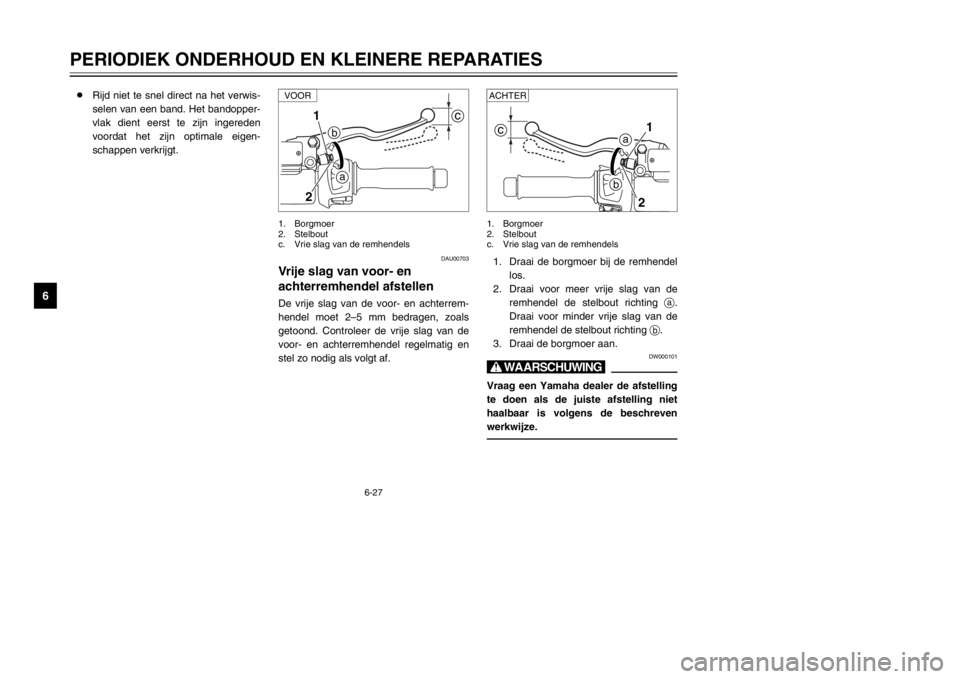 YAMAHA MAJESTY 250 2002  Instructieboekje (in Dutch) DAU00703
Vrije slag van voor- en 
achterremhendel afstellenBrake lever free play, adjustingDe vrije slag van de voor- en achterrem-
hendel moet 2–5 mm bedragen, zoals
getoond. Controleer de vrije sl