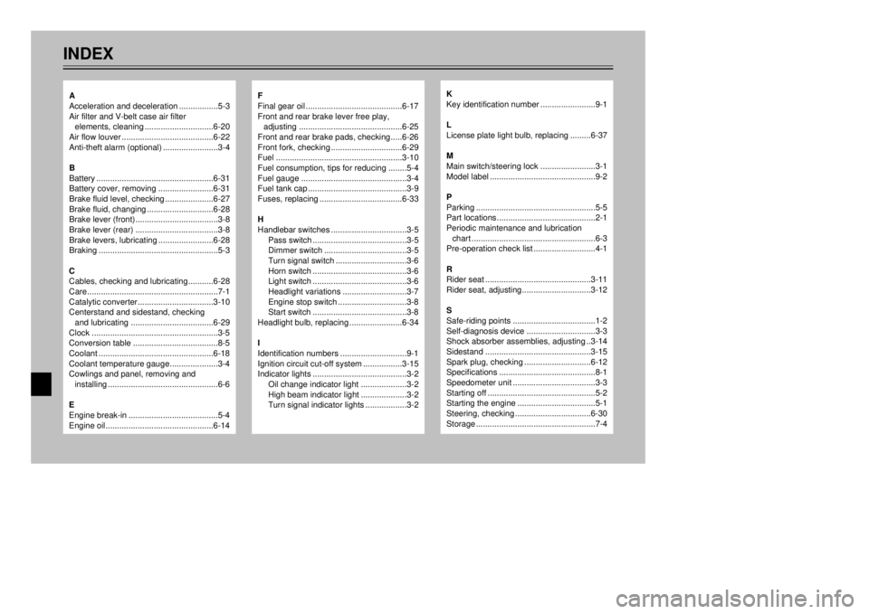 YAMAHA MAJESTY 250 2000  Owners Manual INDEX
F
Final gear oil..........................................6-17
Front and rear brake lever free play,
adjusting.............................................6-25
Front and rear brake pads, checkin