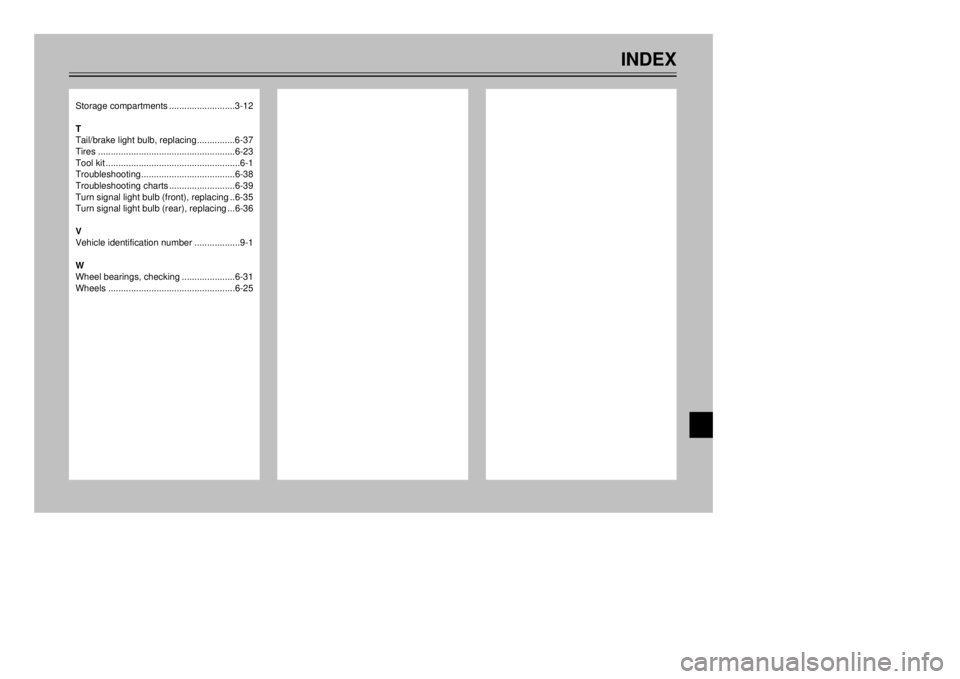YAMAHA MAJESTY 250 2000  Owners Manual Storage compartments..........................3-12
T
Tail/brake light bulb, replacing...............6-37
Tires......................................................6-23
Tool kit.......................