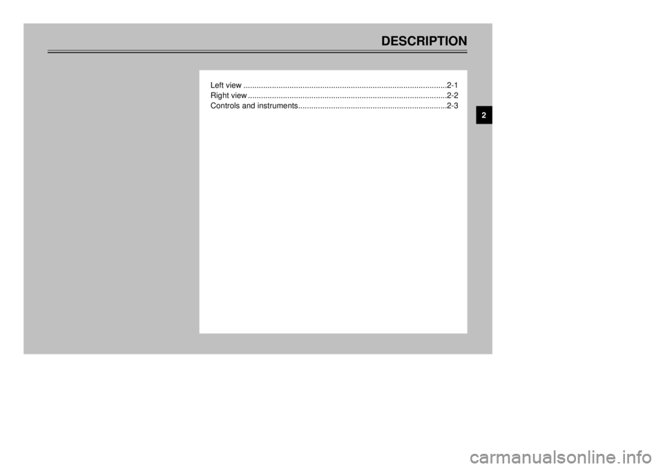 YAMAHA MAJESTY 250 2000 User Guide DESCRIPTION
Left view.............................................................................................2-1
Right view........................................................................