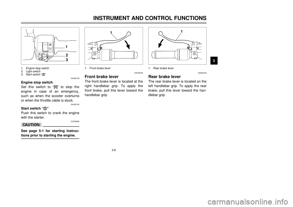 YAMAHA MAJESTY 250 2000 Owners Manual 3-8
INSTRUMENT AND CONTROL FUNCTIONS
1
23
4
5
6
7
8
9
EAU00138
Engine stop switch
Set this switch to Ò$Ó to stop the
engine in case of an emergency,
such as when the scooter overturns
or when the th