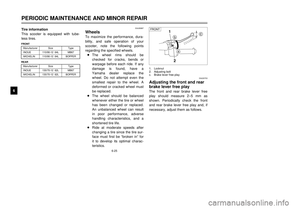 YAMAHA MAJESTY 250 2000 Repair Manual 6-25
PERIODIC MAINTENANCE AND MINOR REPAIR
1
2
3
4
56
7
8
9
EAU00687
WheelsTo maximize the performance, dura-
bility, and safe operation of your
scooter, note the following points
regarding the specif