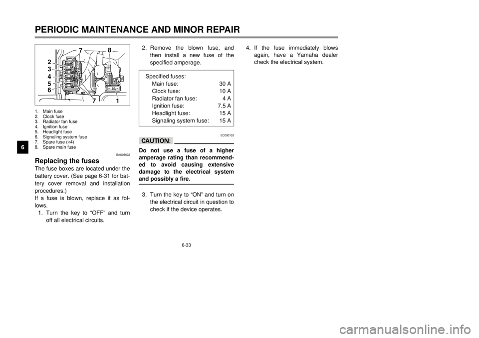 YAMAHA MAJESTY 250 2000 Manual PDF 2.Remove the blown fuse, and
then install a new fuse of the
specified amperage.
EC000103
cCDo not use a fuse of a higher
amperage rating than recommend-
ed to avoid causing extensive
damage to the ele YAMAHA MAJESTY 250 2000 Manual PDF 2.Remove the blown fuse, and
then install a new fuse of the
specified amperage.
EC000103
cCDo not use a fuse of a higher
amperage rating than recommend-
ed to avoid causing extensive
damage to the ele