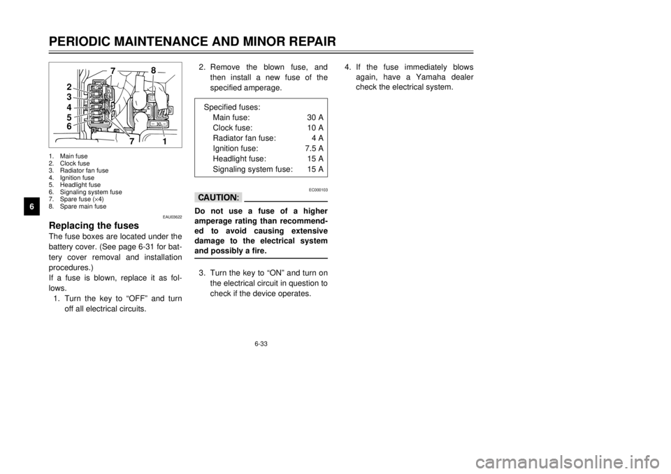 YAMAHA MAJESTY 250 2001  Owners Manual 2.Remove the blown fuse, and
then install a new fuse of the
specified amperage.
EC000103
cCDo not use a fuse of a higher
amperage rating than recommend-
ed to avoid causing extensive
damage to the ele