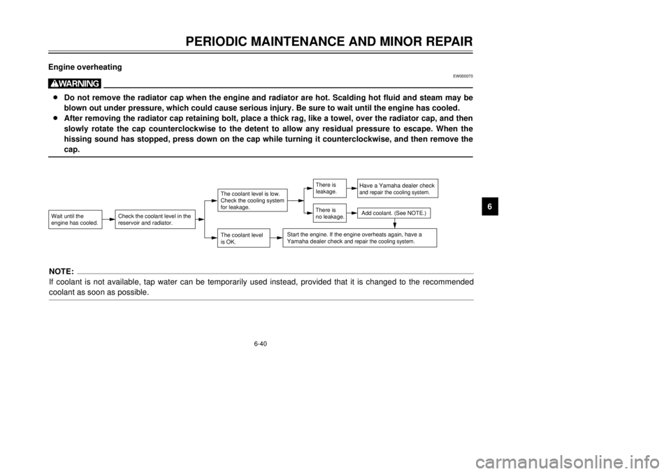 YAMAHA MAJESTY 250 2000  Owners Manual 6-40
PERIODIC MAINTENANCE AND MINOR REPAIR
1
2
3
4
56
7
8
9 Engine overheating
EW000070
w8Do not remove the radiator cap when the engine and radiator are hot. Scalding hot fluid and steam may be
blown