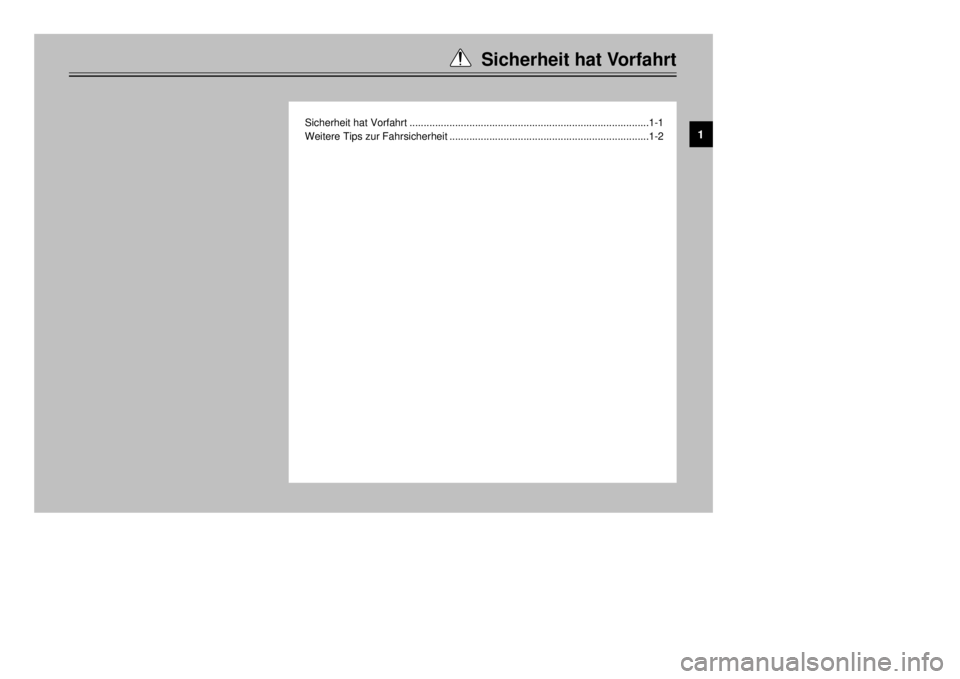 YAMAHA MAJESTY 250 2000 Betriebsanleitungen (in German) Sicherheit hat Vorfahrt
Sicherheit hat Vorfahrt....................................................................................1-1
Weitere Tips zur Fahrsicherheit.................................. YAMAHA MAJESTY 250 2000 Betriebsanleitungen (in German) Sicherheit hat Vorfahrt
Sicherheit hat Vorfahrt....................................................................................1-1
Weitere Tips zur Fahrsicherheit..................................