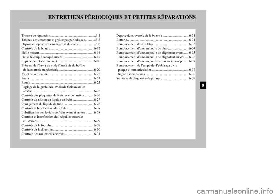 YAMAHA MAJESTY 250 2001  Notices Demploi (in French) ENTRETIENS PƒRIODIQUES ET PETITES RƒPARATIONS
Trousse de rŽparation.......................................................6-1
Tableau des entretiens et graissages pŽriodiques.............6-3
DŽpo