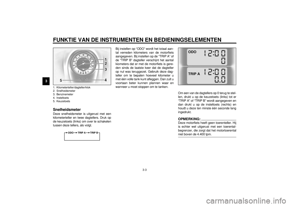 YAMAHA MAJESTY 250 2001  Instructieboekje (in Dutch) FUNKTIE VAN DE INSTRUMENTEN EN BEDIENINGSELEMENTEN
3-3
3
DAU01734
SnelheidsmeterDeze snelheidsmeter is uitgerust met een
kilometerteller en twee dagtellers. Druk op
de keuzetoets (links) om over te sc