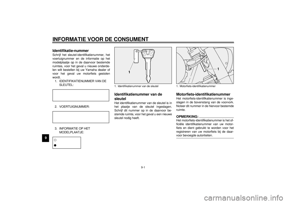 YAMAHA MAJESTY 250 2001  Instructieboekje (in Dutch) 9-1
9
DAU01039
9-INFORMATIE VOOR DE CONSUMENT
DAU02944
Identifikatie-nummerSchrijf het sleutel-identifikatienummer, het
voertuignummer en de informatie op het
modelplaatje op in de daarvoor bestemde
r