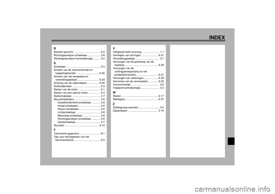 YAMAHA MAJESTY 250 2001  Instructieboekje (in Dutch) INDEX
RRechter aanzicht...................................... 2-2
Richtingaanwijzer-schakelaar .................. 3-6
Richtingsaanwijzer-kontrolelampje........... 3-2SSchakelen .......................