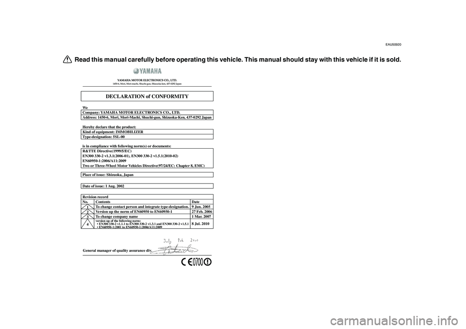 YAMAHA MAJESTY 400 2011  Owners Manual  
EAU50920 
Read this manual carefully before operating this vehicle. This manual should stay with this vehicle if it is sold.
General manager of quality assurance div. Date of issue: 1 Aug. 2002 Plac