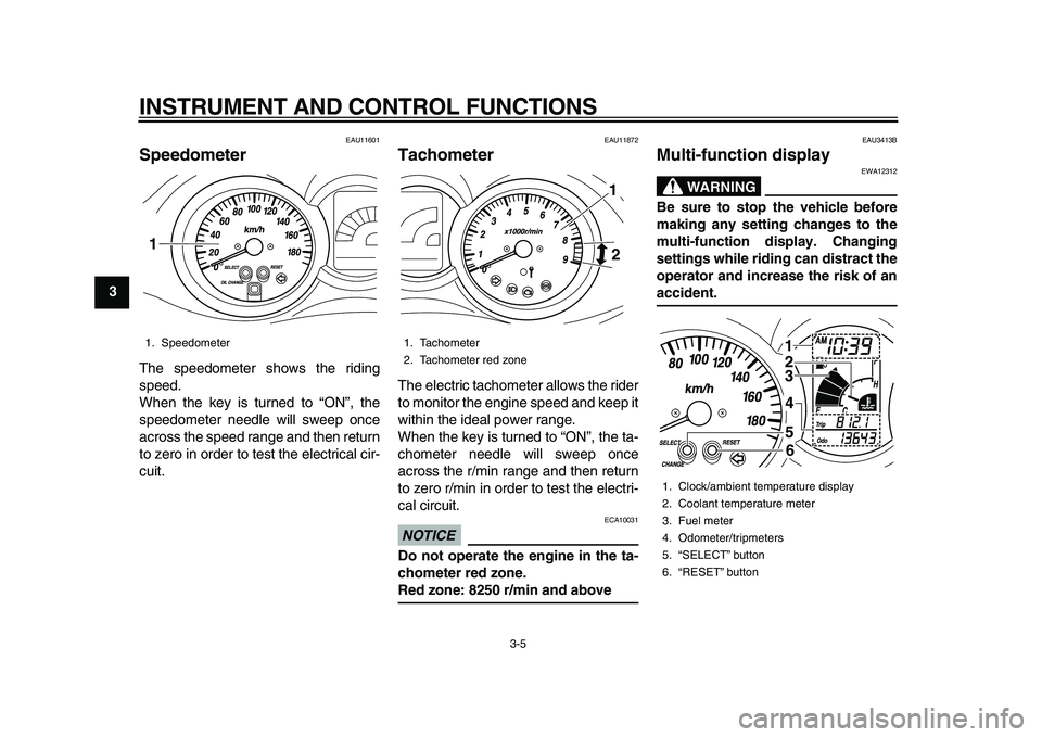 YAMAHA MAJESTY 400 2011 User Guide
INSTRUMENT AND CONTROL FUNCTIONS
3-5
1
2
3
4
5
6
7
8
9
EAU11601
Speedometer
The speedometer shows the riding
speed.
When the key is turned to “ON”, the
speedometer needle will sweep once
YAMAHA MAJESTY 400 2011 User Guide
INSTRUMENT AND CONTROL FUNCTIONS
3-5
1
2
3
4
5
6
7
8
9
EAU11601
Speedometer
The speedometer shows the riding
speed.
When the key is turned to “ON”, the
speedometer needle will sweep once