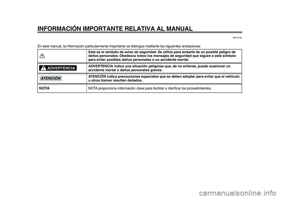 YAMAHA MAJESTY 400 2011  Manuale de Empleo (in Spanish)  
INFORMACIÓN IMPORTANTE RELATIVA AL MANUAL 
SAU10132 
En este manual, la información particularmente importante se distingue mediante las siguientes anotaciones: 
Este es el símbolo de aviso de se