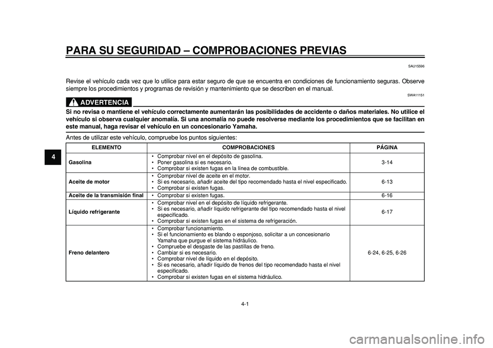 YAMAHA MAJESTY 400 2011  Manuale de Empleo (in Spanish)  
4-1 
1
2
3
4
5
6
7
8
9
 
PARA SU SEGURIDAD – COMPROBACIONES PREVIAS 
SAU15596 
Revise el vehículo cada vez que lo utilice para estar seguro de que se encuentra en condiciones de funcionamiento se