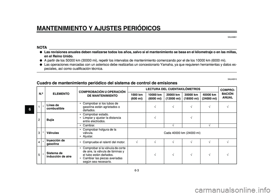 YAMAHA MAJESTY 400 2011  Manuale de Empleo (in Spanish)  
MANTENIMIENTO Y AJUSTES PERIÓDICOS 
6-3 
1
2
3
4
5
6
7
8
9
 
SAU46861
NOTA
 
 
Las revisiones anuales deben realizarse todos los años, salvo si el mantenimiento se basa en el kilometraje o en las