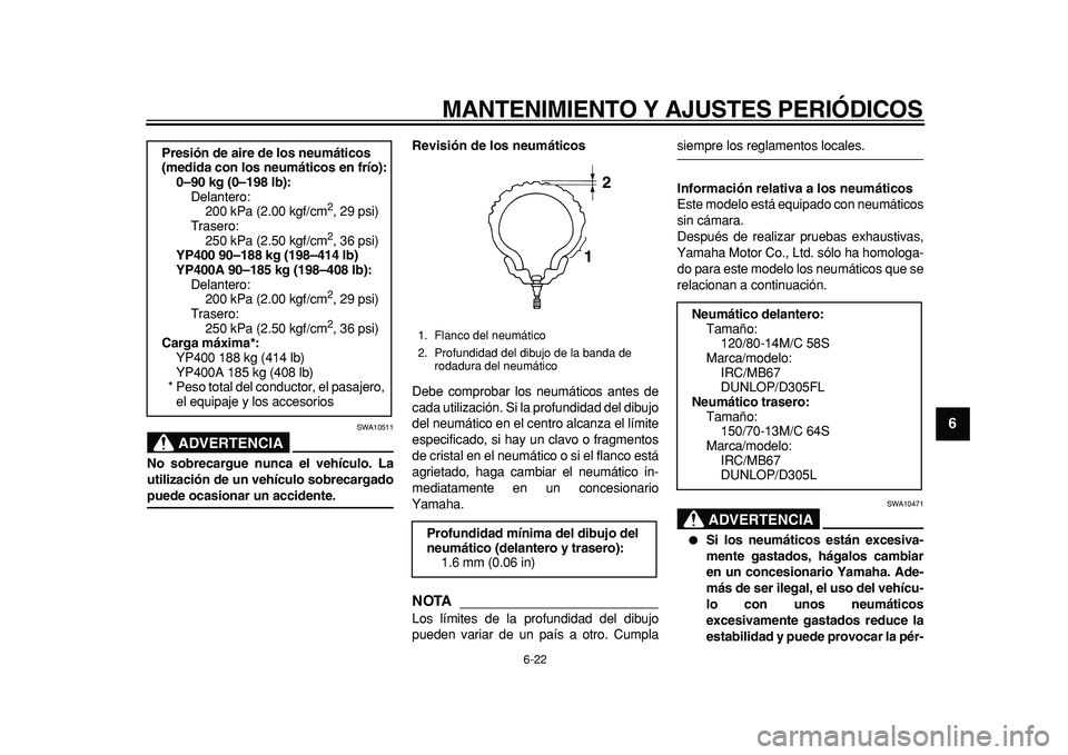 YAMAHA MAJESTY 400 2011  Manuale de Empleo (in Spanish)  
MANTENIMIENTO Y AJUSTES PERIÓDICOS 
6-22 
2
3
4
5
67
8
9
ADVERTENCIA
 
SWA10511 
No sobrecargue nunca el vehículo. La
utilización de un vehículo sobrecargado 
puede ocasionar un accidente.Revisi