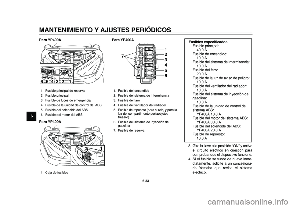 YAMAHA MAJESTY 400 2011 Manuale de Empleo (in Spanish)
MANTENIMIENTO Y AJUSTES PERIÓDICOS
6-33
1
2
3
4
5
6
7
8
9
Para YP400A
Para YP400APara YP400A
3. Gire la llave a la posición “ON” y active
el circuito eléctrico en cuestión para
comproba YAMAHA MAJESTY 400 2011 Manuale de Empleo (in Spanish)
MANTENIMIENTO Y AJUSTES PERIÓDICOS
6-33
1
2
3
4
5
6
7
8
9
Para YP400A
Para YP400APara YP400A
3. Gire la llave a la posición “ON” y active
el circuito eléctrico en cuestión para
comproba