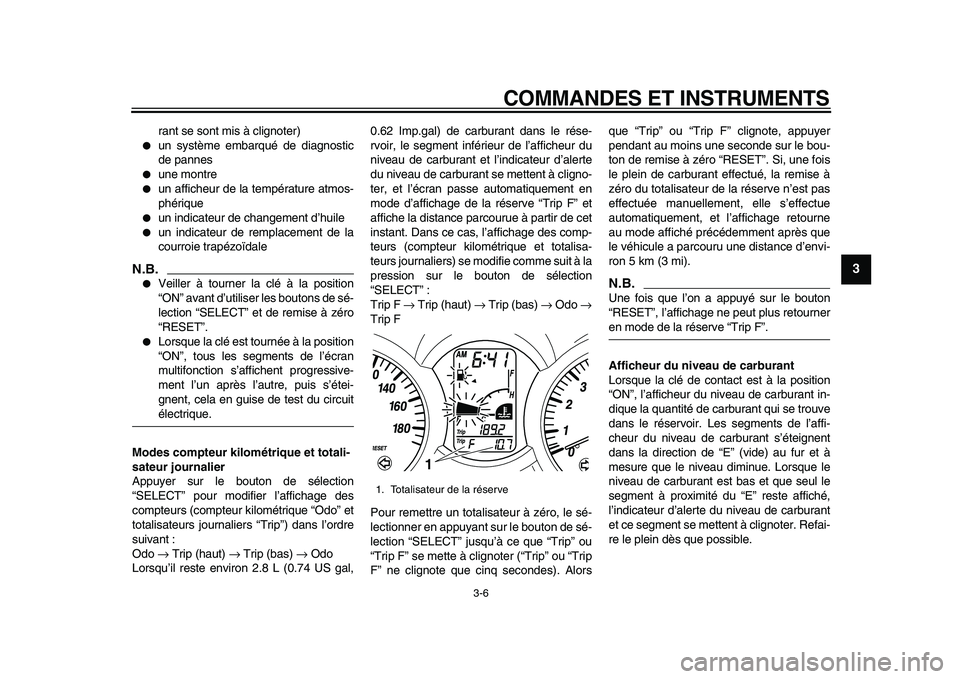YAMAHA MAJESTY 400 2011  Notices Demploi (in French)  
COMMANDES ET INSTRUMENTS 
3-6 
2
34
5
6
7
8
9
 
rant se sont mis à clignoter) 
 
un système embarqué de diagnostic
de pannes 
 
une montre 
 
un afficheur de la température atmos-
phérique 
