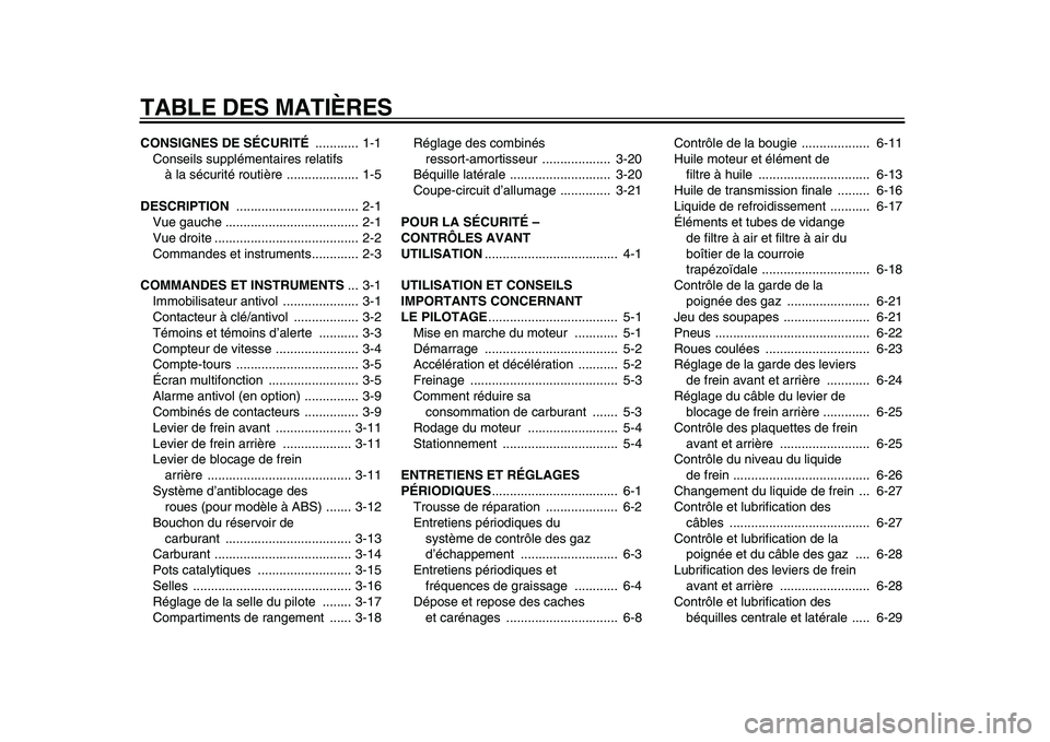 YAMAHA MAJESTY 400 2011  Notices Demploi (in French)  
TABLE DES MATIÈRES 
CONSIGNES DE SÉCURITÉ  
............ 1-1
Conseils supplémentaires relatifs 
à la sécurité routière .................... 1-5 
DESCRIPTION  
...............................