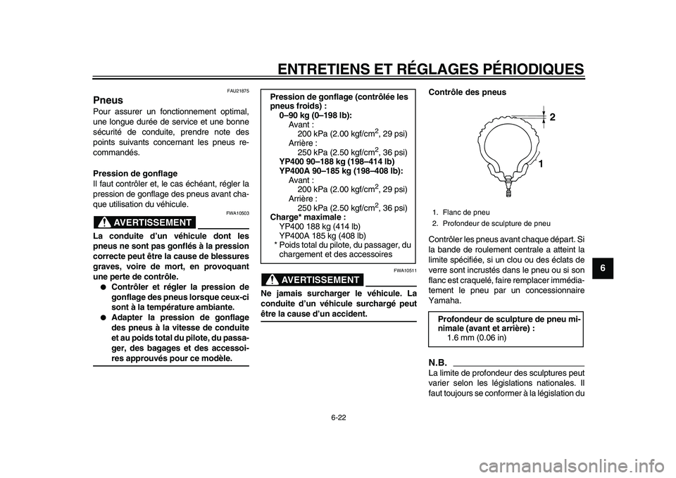 YAMAHA MAJESTY 400 2011  Notices Demploi (in French)  
ENTRETIENS ET RÉGLAGES PÉRIODIQUES 
6-22 
2
3
4
5
67
8
9
 
FAU21875 
Pneus  
Pour assurer un fonctionnement optimal,
une longue durée de service et une bonne
sécurité de conduite, prendre note 