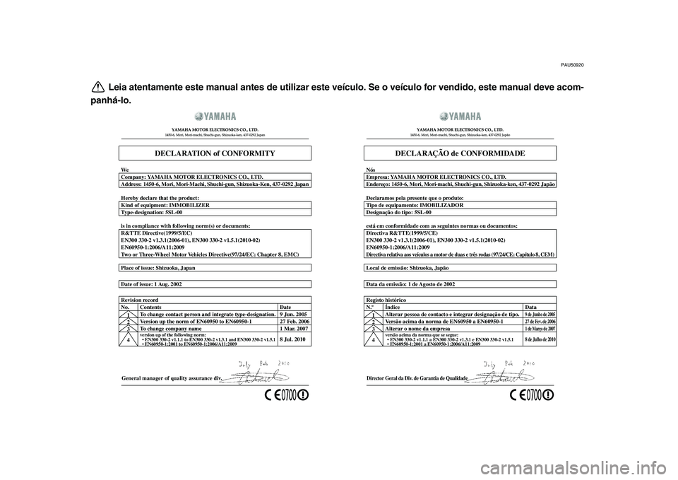 YAMAHA MAJESTY 400 2011  Manual de utilização (in Portuguese)  
PAU50920 
Leia atentamente este manual antes de utilizar este veículo. Se o veículo for vendido, este manual deve acom-
panhá-lo.
General manager of quality assurance div. Date of issue: 1 Aug. 2