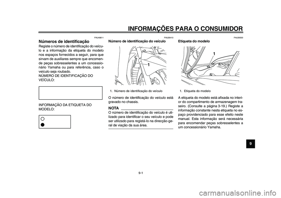 YAMAHA MAJESTY 400 2011  Manual de utilização (in Portuguese)  
9-1 
2
3
4
5
6
7
8
9
 
INFORMAÇÕES PARA O CONSUMIDOR 
PAU48611 
Números de identificação  
Registe o número de identificação do veícu-
lo e a informação da etiqueta do modelo
nos espaços