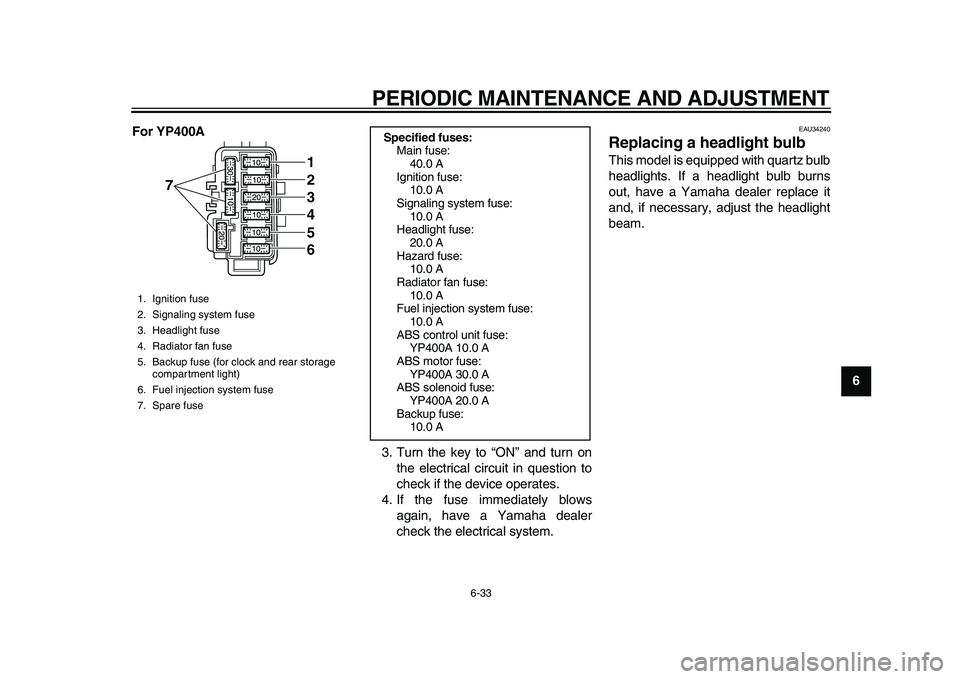 YAMAHA MAJESTY 400 2010 Manual PDF
PERIODIC MAINTENANCE AND ADJUSTMENT
6-33
2
3
4
5
67
8
9 For YP400A
3. Turn the key to “ON” and turn on
the electrical circuit in question to
check if the device operates.
4. If the fuse immed YAMAHA MAJESTY 400 2010 Manual PDF
PERIODIC MAINTENANCE AND ADJUSTMENT
6-33
2
3
4
5
67
8
9 For YP400A
3. Turn the key to “ON” and turn on
the electrical circuit in question to
check if the device operates.
4. If the fuse immed