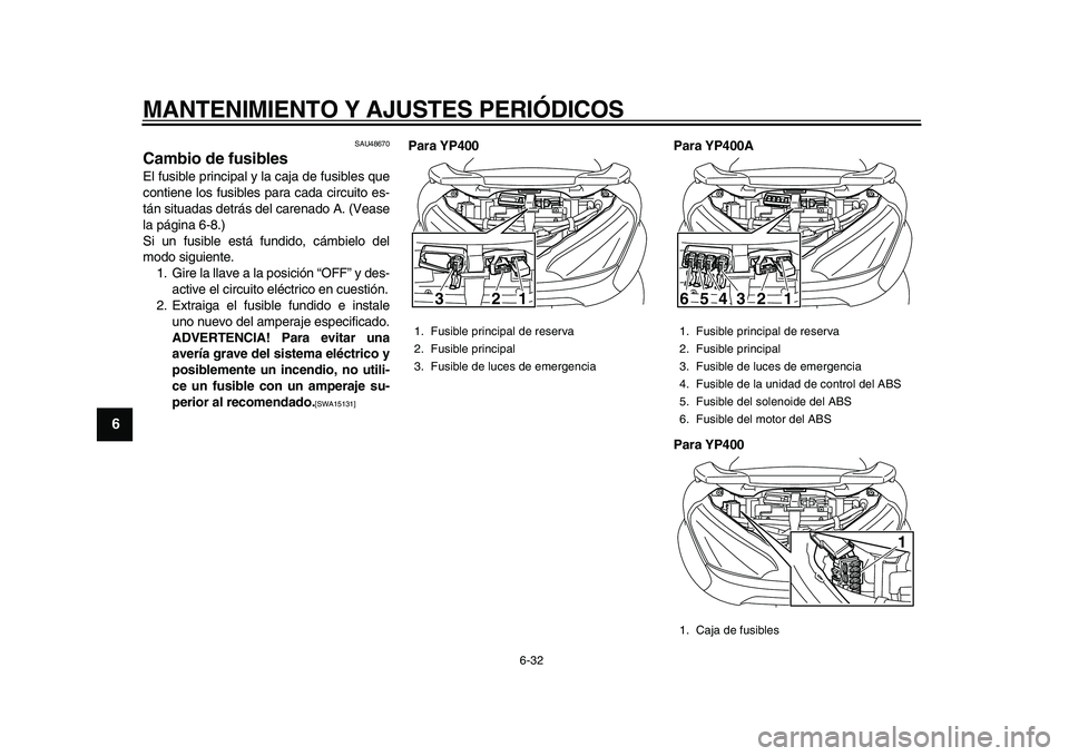 YAMAHA MAJESTY 400 2010  Manuale de Empleo (in Spanish)  
MANTENIMIENTO Y AJUSTES PERIÓDICOS 
6-32 
1
2
3
4
5
6
7
8
9
 
SAU48670 
Cambio de fusibles  
El fusible principal y la caja de fusibles que
contiene los fusibles para cada circuito es-
tán situada
