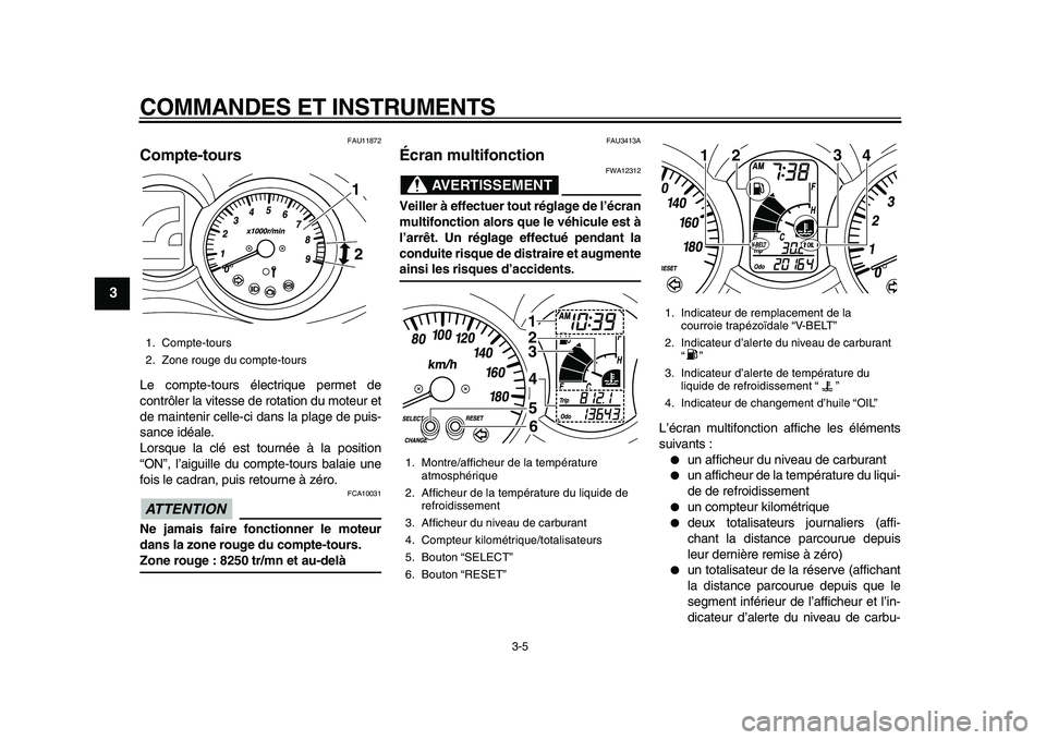 YAMAHA MAJESTY 400 2010  Notices Demploi (in French)  
COMMANDES ET INSTRUMENTS 
3-5 
1
2
3
4
5
6
7
8
9
 
FAU11872 
Compte-tours  
Le compte-tours électrique permet de
contrôler la vitesse de rotation du moteur et
de maintenir celle-ci dans la plage d