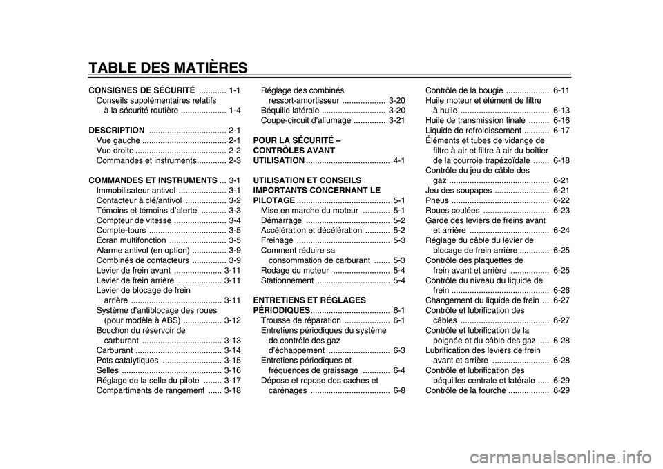 YAMAHA MAJESTY 400 2010  Notices Demploi (in French)  
TABLE DES MATIÈRES 
CONSIGNES DE SÉCURITÉ  
............ 1-1
Conseils supplémentaires relatifs 
à la sécurité routière .................... 1-4 
DESCRIPTION  
...............................