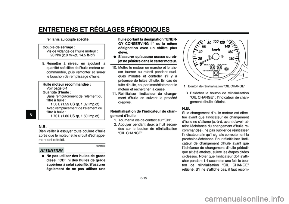 YAMAHA MAJESTY 400 2010 Notices Demploi (in French)
ENTRETIENS ET RÉGLAGES PÉRIODIQUES
6-15
1
2
3
4
5
6
7
8
9
rer la vis au couple spécifié.
9. Remettre à niveau en ajoutant la
quantité spécifiée de l’huile moteur re-
commandée, puis r YAMAHA MAJESTY 400 2010 Notices Demploi (in French)
ENTRETIENS ET RÉGLAGES PÉRIODIQUES
6-15
1
2
3
4
5
6
7
8
9
rer la vis au couple spécifié.
9. Remettre à niveau en ajoutant la
quantité spécifiée de l’huile moteur re-
commandée, puis r