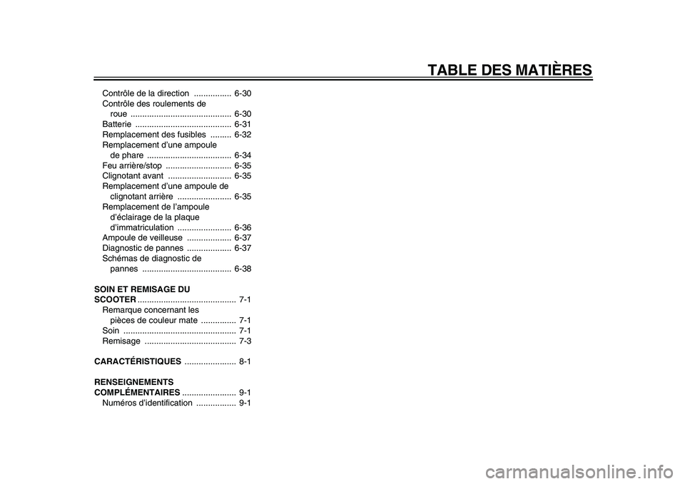 YAMAHA MAJESTY 400 2010  Notices Demploi (in French)  
TABLE DES MATIÈRES 
Contrôle de la direction  ................  6-30
Contrôle des roulements de 
roue ...........................................  6-30
Batterie ..................................