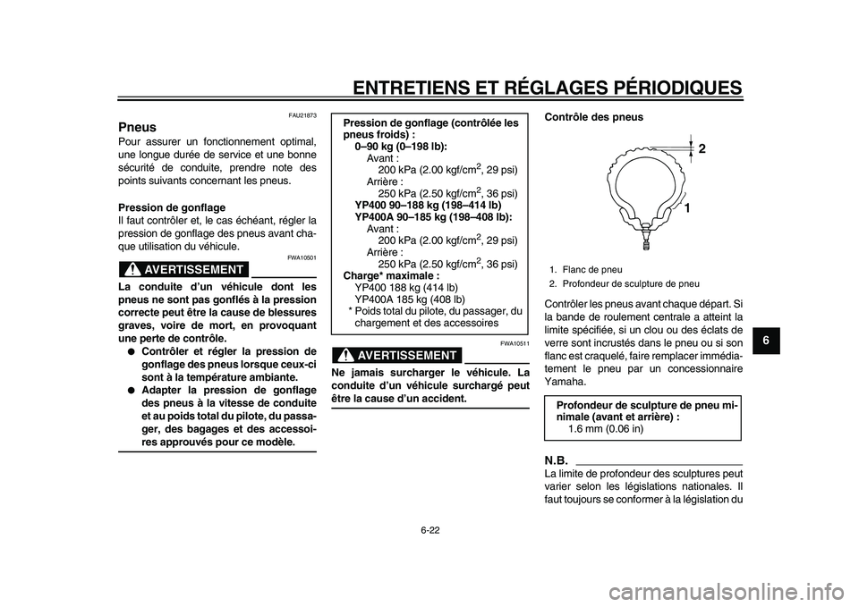 YAMAHA MAJESTY 400 2010  Notices Demploi (in French)  
ENTRETIENS ET RÉGLAGES PÉRIODIQUES 
6-22 
2
3
4
5
67
8
9
 
FAU21873 
Pneus  
Pour assurer un fonctionnement optimal,
une longue durée de service et une bonne
sécurité de conduite, prendre note 