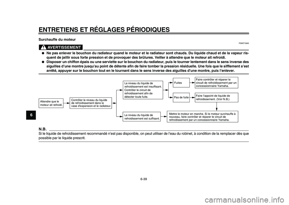 YAMAHA MAJESTY 400 2010  Notices Demploi (in French)  
ENTRETIENS ET RÉGLAGES PÉRIODIQUES 
6-39 
1
2
3
4
5
6
7
8
9
 
Surchauffe du moteur
AVERTISSEMENT
 
FWAT1040 
 
Ne pas enlever le bouchon du radiateur quand le moteur et le radiateur sont chauds. 