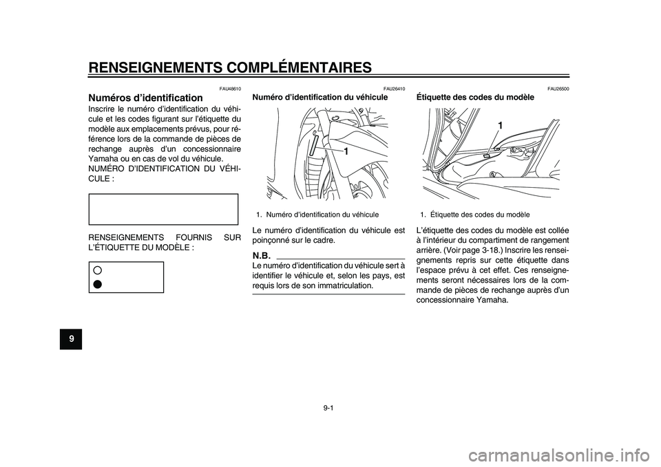 YAMAHA MAJESTY 400 2010  Notices Demploi (in French)  
9-1 
1
2
3
4
5
6
7
8
9
 
RENSEIGNEMENTS COMPLÉMENTAIRES 
FAU48610 
Numéros d’identification  
Inscrire le numéro d’identification du véhi-
cule et les codes figurant sur l’étiquette du
mo
