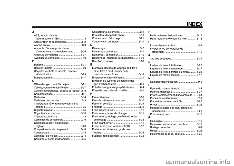 YAMAHA MAJESTY 400 2010  Notices Demploi (in French)  
INDEX 
A 
ABS, témoin d’alerte 
(pour modèle à ABS) ............................... 3-3
Accélération et décélération ...................... 5-2
Alarme antivol .............................
