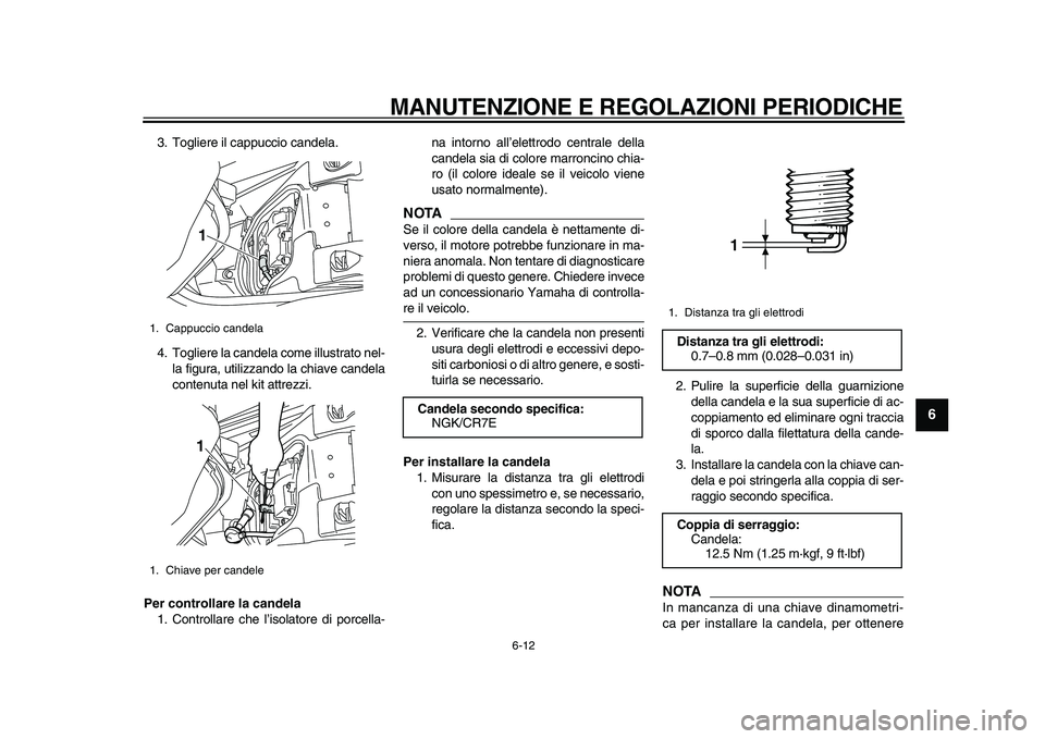 YAMAHA MAJESTY 400 2010 Manuale duso (in Italian)
MANUTENZIONE E REGOLAZIONI PERIODICHE
6-12
2
3
4
5
67
8
9
3. Togliere il cappuccio candela.
4. Togliere la candela come illustrato nel-
la figura, utilizzando la chiave candela
contenuta nel kit YAMAHA MAJESTY 400 2010 Manuale duso (in Italian)
MANUTENZIONE E REGOLAZIONI PERIODICHE
6-12
2
3
4
5
67
8
9
3. Togliere il cappuccio candela.
4. Togliere la candela come illustrato nel-
la figura, utilizzando la chiave candela
contenuta nel kit