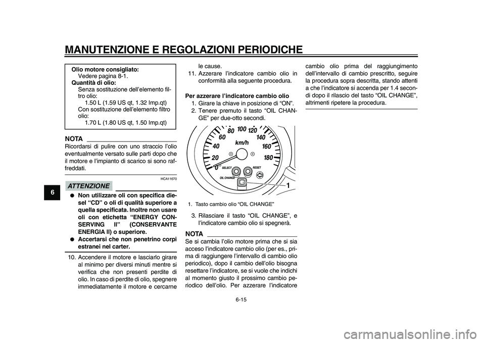 YAMAHA MAJESTY 400 2010 Manuale duso (in Italian)
MANUTENZIONE E REGOLAZIONI PERIODICHE
6-15
1
2
3
4
5
6
7
8
9
NOTA
Ricordarsi di pulire con uno straccio l’olio
eventualmente versato sulle parti dopo che
il motore e l’impianto di scarico si YAMAHA MAJESTY 400 2010 Manuale duso (in Italian)
MANUTENZIONE E REGOLAZIONI PERIODICHE
6-15
1
2
3
4
5
6
7
8
9
NOTA
Ricordarsi di pulire con uno straccio l’olio
eventualmente versato sulle parti dopo che
il motore e l’impianto di scarico si