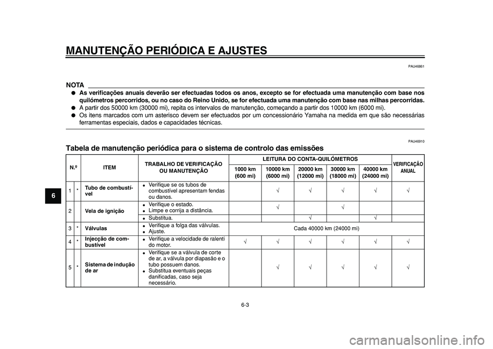 YAMAHA MAJESTY 400 2010  Manual de utilização (in Portuguese)  
MANUTENÇÃO PERIÓDICA E AJUSTES 
6-3 
1
2
3
4
5
6
7
8
9
 
PAU46861
NOTA
 
 
As verificações anuais deverão ser efectuadas todos os anos, excepto se for efectuada uma manutenção com base nos
