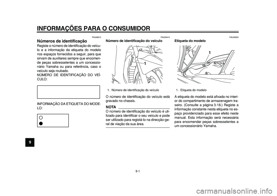 YAMAHA MAJESTY 400 2010  Manual de utilização (in Portuguese)  
9-1 
1
2
3
4
5
6
7
8
9
 
INFORMAÇÕES PARA O CONSUMIDOR 
PAU48610 
Números de identificação  
Registe o número de identificação do veícu-
lo e a informação da etiqueta do modelo
nos espaç