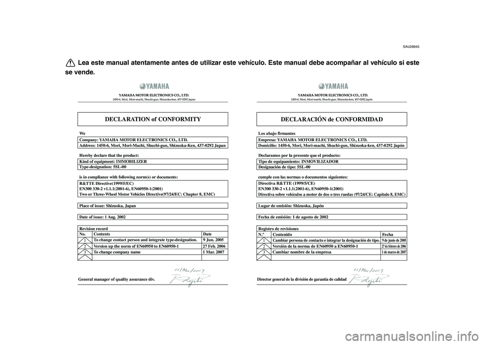 YAMAHA MAJESTY 400 2009  Manuale de Empleo (in Spanish)  
SAU26945 
Lea este manual atentamente antes de utilizar este vehículo. Este manual debe acompañar al vehículo si este
se vende.
DECLARATION of CONFORMITY
YAMAHA MOTOR ELECTRONICS CO., LTD.1450-6,