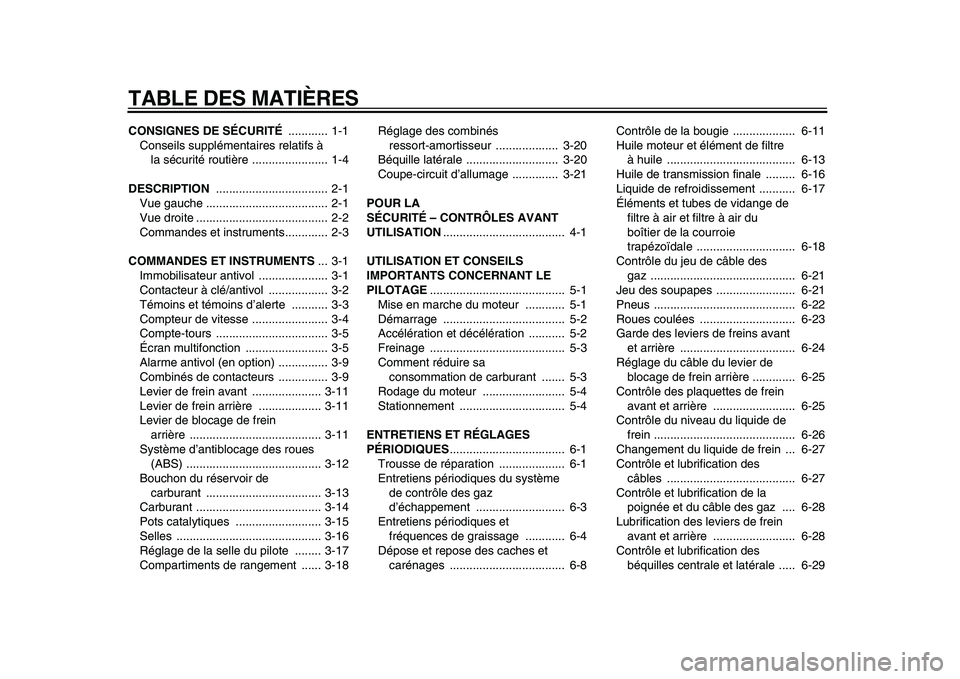 YAMAHA MAJESTY 400 2009  Notices Demploi (in French)  
TABLE DES MATIÈRES 
CONSIGNES DE SÉCURITÉ  
............ 1-1
Conseils supplémentaires relatifs à 
la sécurité routière ....................... 1-4 
DESCRIPTION  
............................