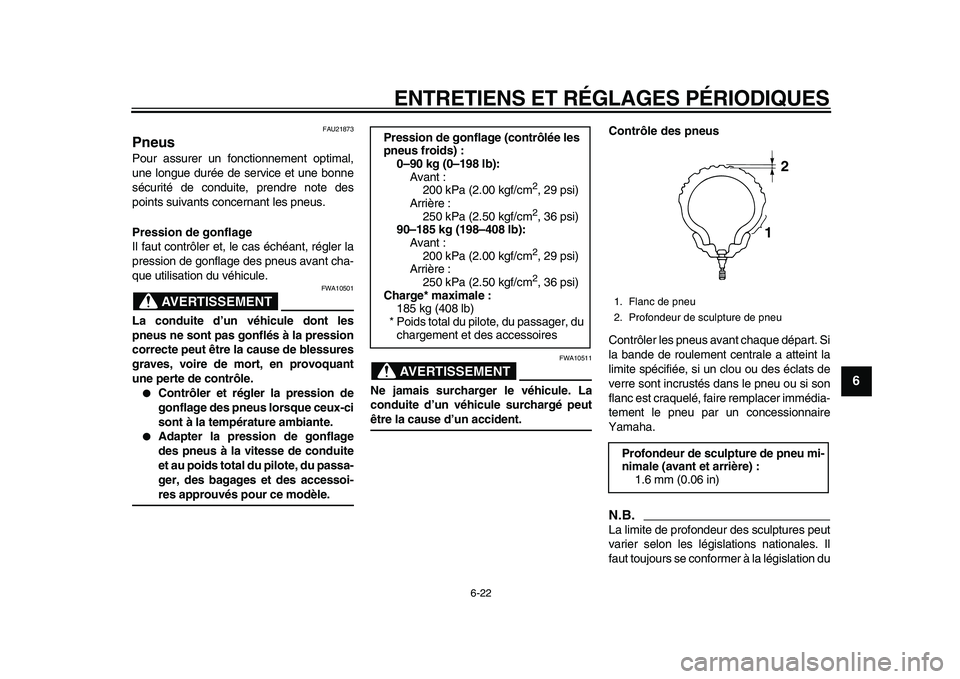 YAMAHA MAJESTY 400 2009  Notices Demploi (in French)  
ENTRETIENS ET RÉGLAGES PÉRIODIQUES 
6-22 
2
3
4
5
67
8
9
 
FAU21873 
Pneus  
Pour assurer un fonctionnement optimal,
une longue durée de service et une bonne
sécurité de conduite, prendre note 
