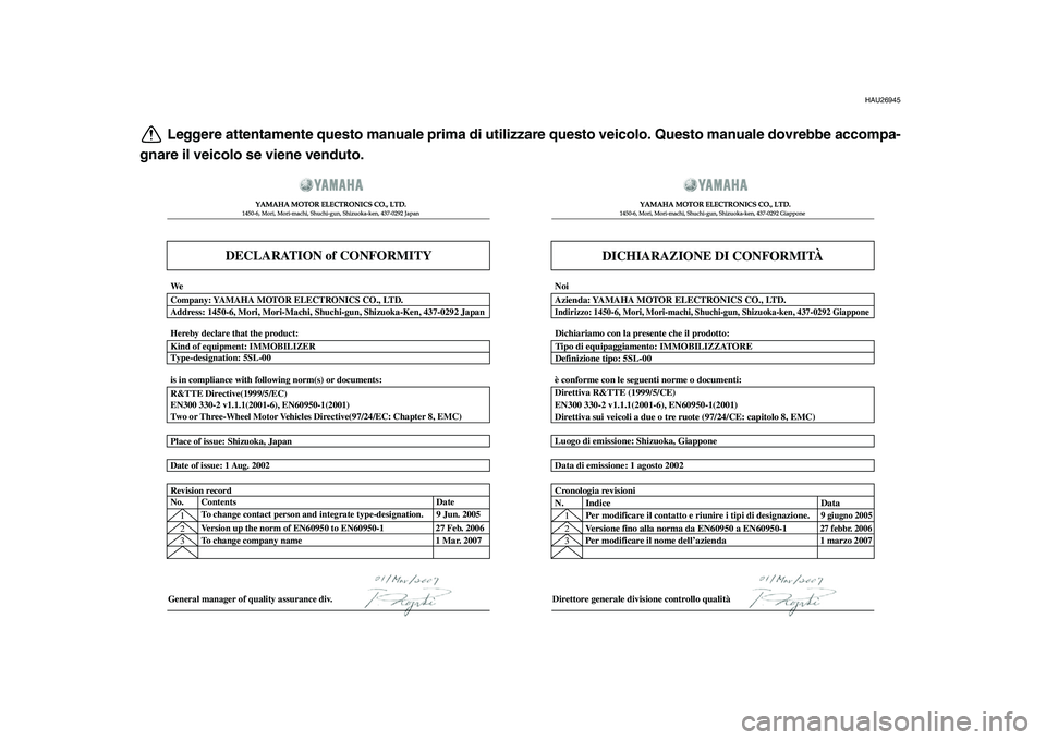 YAMAHA MAJESTY 400 2009  Manuale duso (in Italian)  
HAU26945 
Leggere attentamente questo manuale prima di utilizzare questo veicolo. Questo manuale dovrebbe accompa-
gnare il veicolo se viene venduto.
DECLARATION of CONFORMITY
YAMAHA MOTOR ELECTRONI