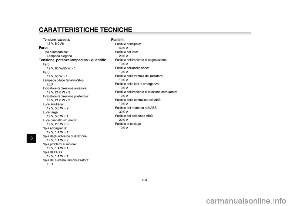 YAMAHA MAJESTY 400 2009  Manuale duso (in Italian)  
CARATTERISTICHE TECNICHE 
8-3 
1
2
3
4
5
6
7
8
9
 
Tensione, capacità: 
12 V, 8.0 Ah 
Faro: 
Tipo a lampadina: 
Lampada alogena 
Tensione, potenza lampadina  
× 
 quantità: 
Faro: 
12 V, 60 W/55 